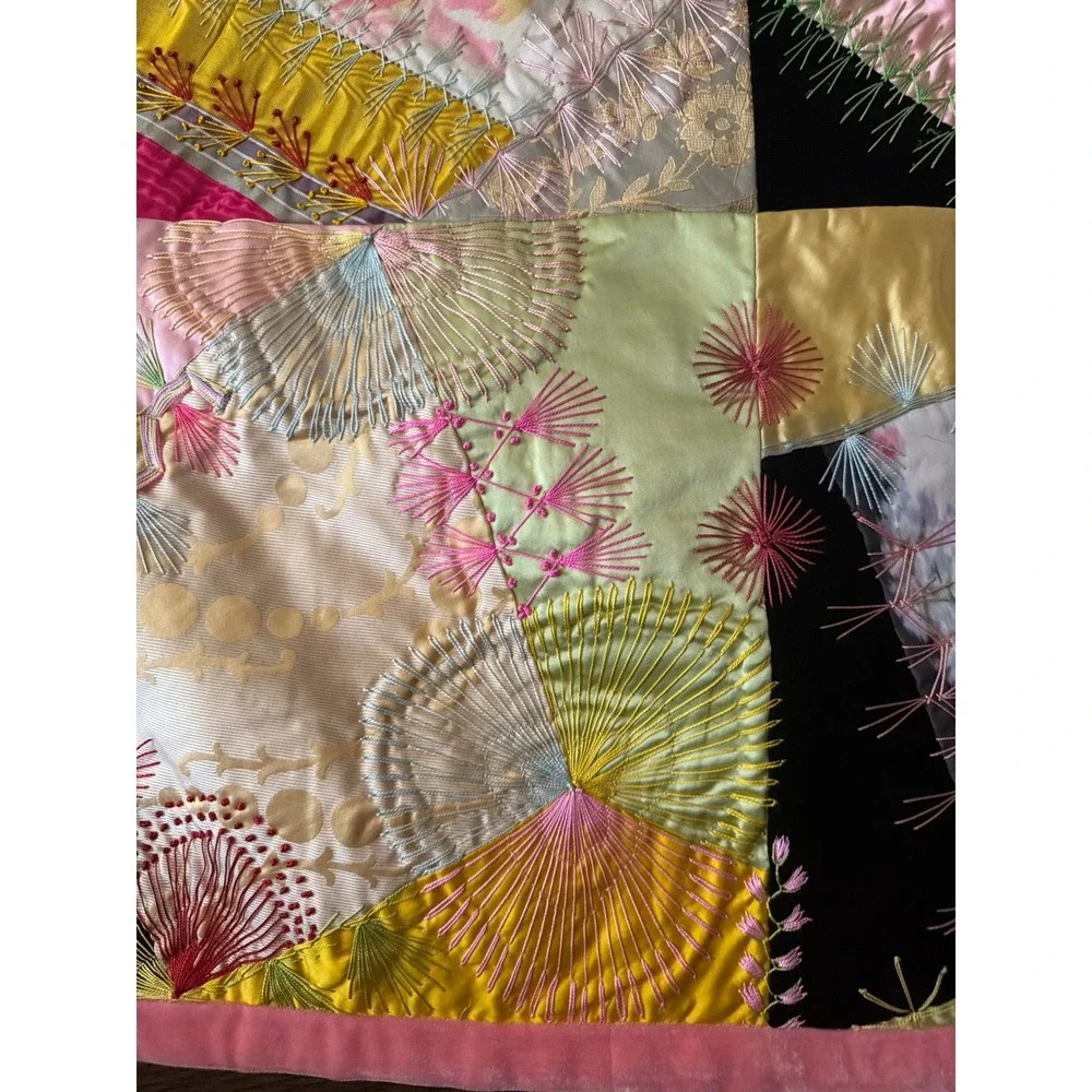 Handmade Quilt Multicolor Silk Satin Crazy Quilt Hand Embroidered Fans
